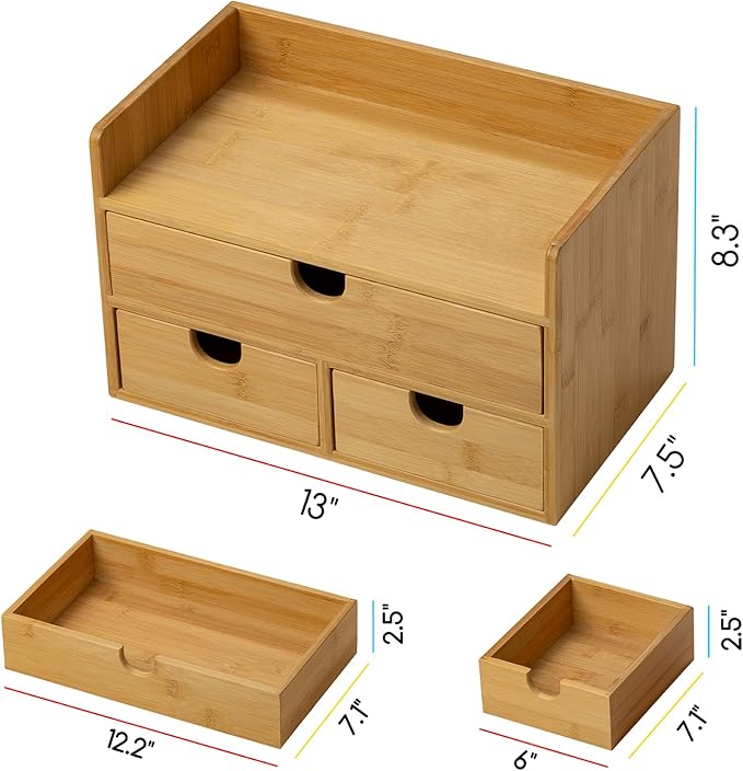 MEEDEN Bamboo Desk Organizer with Drawers: Desktop Storage Container with Shelf - Tabletop Storage Organization Box for Office Home Toiletries Supplies