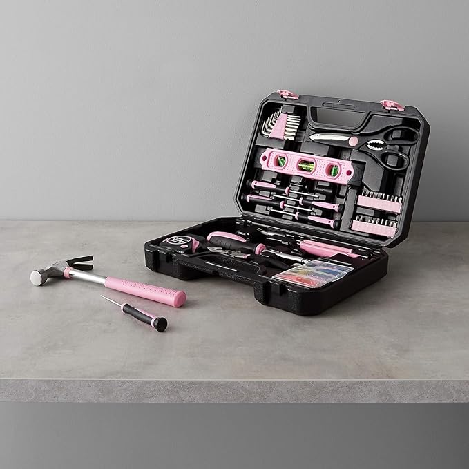 Amazon Basics 142-Piece Household Tool Kit for Home Repair,Hand Tools with Storage Case,13.39 x 9.25 x 2.95 inch,Pink,(Pack of 4)