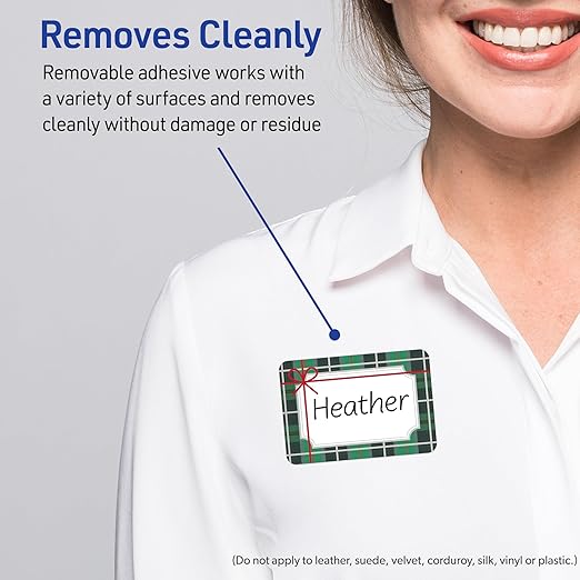 Avery Printable Christmas Adhesive Name Badges, Rectangle, 2-1/3" x 3-3/8", Pre-Printed Green & Metallic Silver Plaid with Red Bow Design, Matte White, Laser & Inkjet Compatible, 80 Total