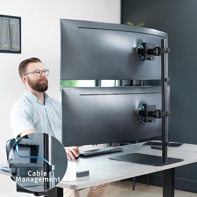 VIVO Freestanding Dual Vertically Stacked Ultra-Wide Monitor Desk Stand, Extra Tall Heavy Duty Adjustable Mount for 2 Ultrawide Screens up to 49 inches, 44 lbs Per Screen Capacity, Black, STAND-V202L