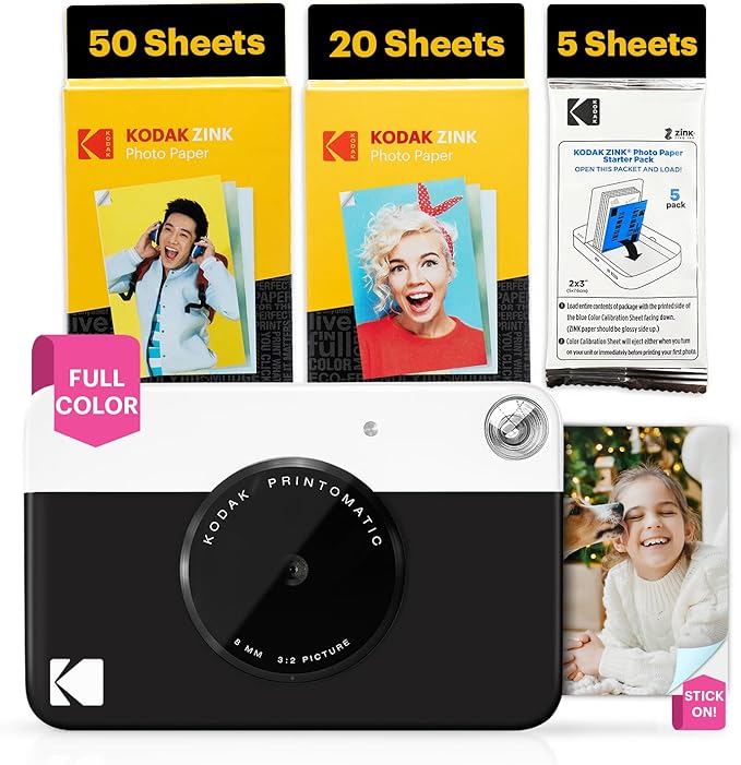 Kodak Printomatic Full-Color Instant Print Digital Camera - 75 Sheets Bundle - Prints On Zink 2x3 Sticky-Back Photo Paper - 5MP, Portable, Creative Fun Gift for Birthday, Christmas, Holiday - Black