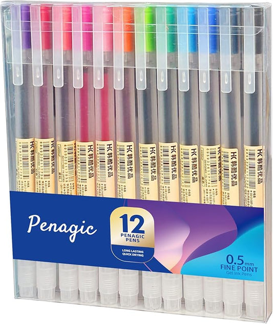 Gel Pens 12 Colors, Ball Fine Point, 0.5 mm Ink Note Taking Pens for Japanese Korean Office School Stationery Supplies (Assorted, 12-Count)