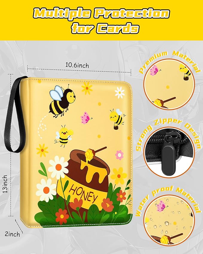 for 9 Pocket Trading Card Binder for 900 Cards - Cute Large Capacity Card Collection Album Folder with Zipper for Women Girls Teens Honey Bee Design for Sports, TCG, Game Cards