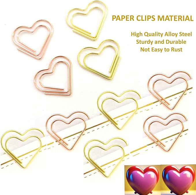 Metal Heart Paper Clips Set-50 Pcs Gold Paperclips- Cute Decorative Office & School Supplies, Ideal for Wedding & Parties Decor (Heart)