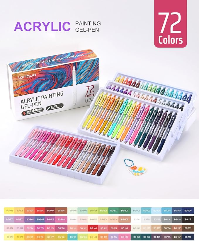 Acrylic Colored Pens Set, 72 Colors Retractable Gel Ink Pens, 0.7mm Fine Point Colorful Pen for Black Paper, Rock, Glass, Fabric and Art Crafts Supplies, Color Pen for Journaling Note Taking