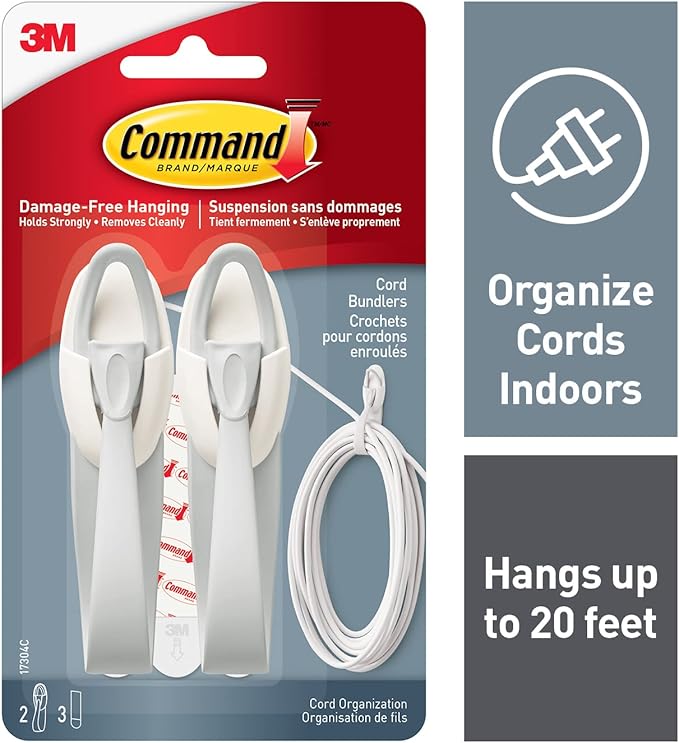 Command Cord Bundlers, Damage-Free Cord Management, 2-Bundlers, 3-Strips, Holds up to 2 lbs - Easy to Open and Close, Ideal for Organizing Cables and Cords