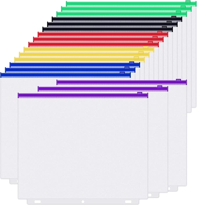Antner 18PCS Letter Size Binder Pockets for 3 Ring Binder, 3 Holes Zipper Binder Pouch Insert Pages Sheet Protectors Loose Leaf Bags Waterproof PVC Document Folders Filling Bags, 6 Colors Zipper
