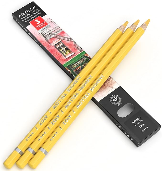 Arteza Professional Watercolor Pencils, Pack of 3, A102 Jasmine Yellow, Water-Soluble Pencils for Coloring, Blending, Layering & Watercolor Techniques