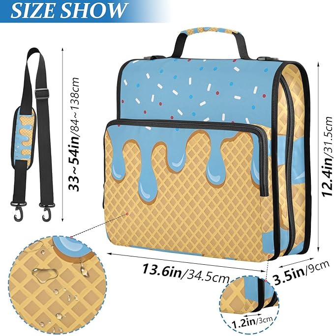 Blue Ice Cream Drip 3 Ring Zipper Binder with Shoulder Strap 1.5 inch Binders Keeper Large Capacity Multi Pockets for School Office Supplies