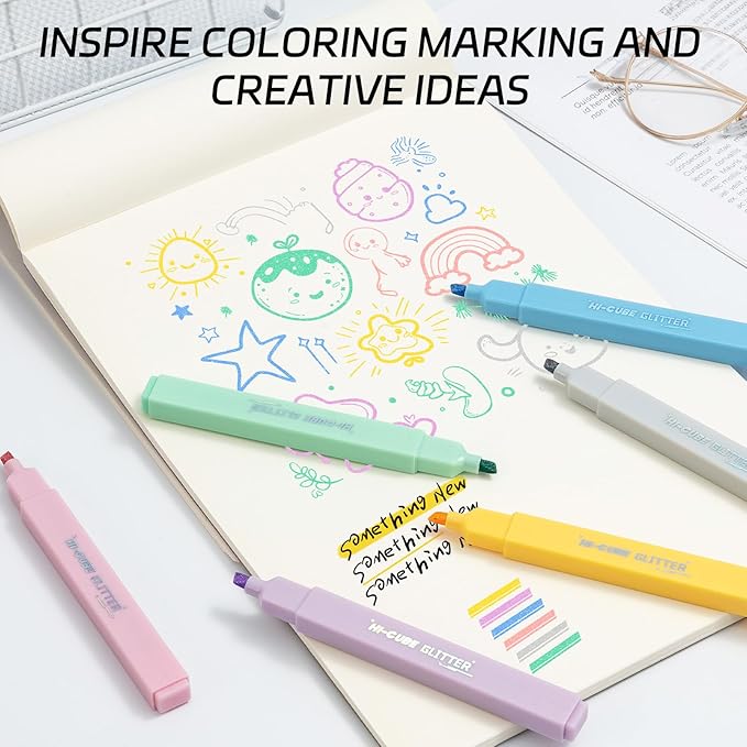 M&G HI-CUBE Glitter Highlighters, 6 Pack Gentle Colors with Glitter Ink, No Bleed Soft Chisel Tip for Bible Study, Cute Aesthetic Highlighters for Journaling, Planners & Notes