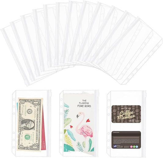 100 pcs Transparent A6 Binder Pockets 6 Holes Zipper Folders PVC Card Loose Leaf Bags Cash Envelopes for Budgeting Binder Waterproof Filing Bags for 6 Ring Notebook Planner Inserts