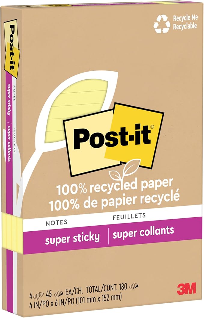 Post-it Super Sticky 100% Recycled Notes, 4 Sticky Note Pads, 4 x 6 in., 2X The Sticking Power, New Year Organization or Second Semester School Supplies, Canary Yellow
