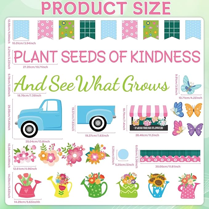 Spring Bulletin Board for Classroom Decoration Plant Kindness Spring Truck Flower Bulletin Board Set Floral Butterfly Cutouts for Back to School Office Chalkboard Wall Teacher Decor