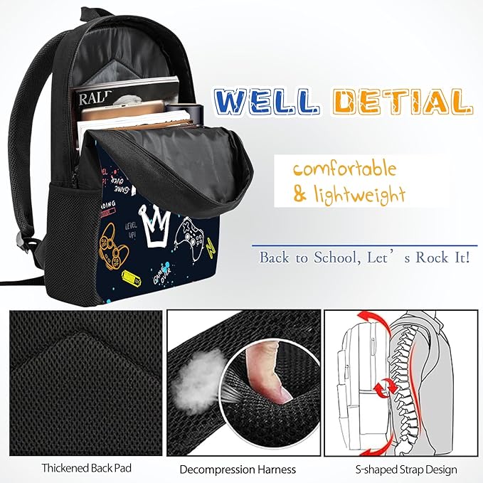 3PCS Gamer Backpack Set for Boys, Lightweight Large Backpack with Lunch Box & Pencil Case, Cool Game Video Bookbag for Kids, Back to School Backpacks for Elementary & Middle School