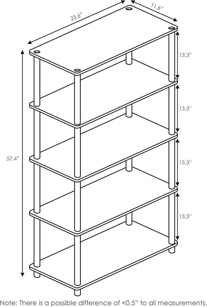 Furinno TURN-N-TUBE Storage Shelves, 5-Tier Book Shelf, Corner Shelf, Toolless Open Shelves, for Organization and Storage, Living Room, Garage, Home Office, Walnut