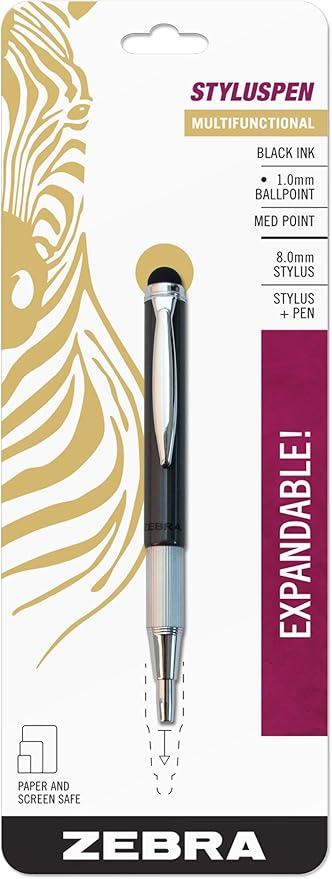 Zebra Pen, StylusPen, 1.0mm Black Ink Ballpoint Pen with 8.0mm Stylus, Expandable Compact Design for Pockets and Purse, Paper and Screen Safe, 1-Pack (33601)