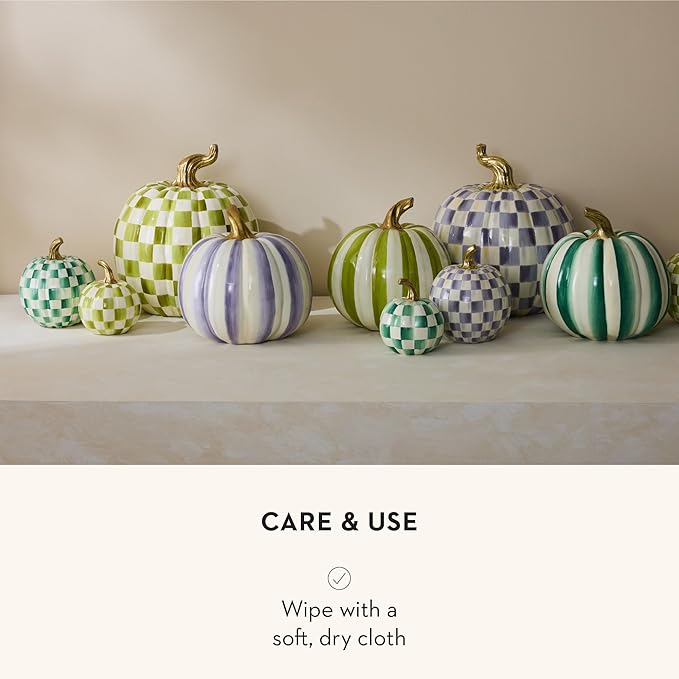 MACKENZIE-CHILDS Pumpkin, Resin Halloween and Fall Decor, Small, Green-and-White Emerald Check