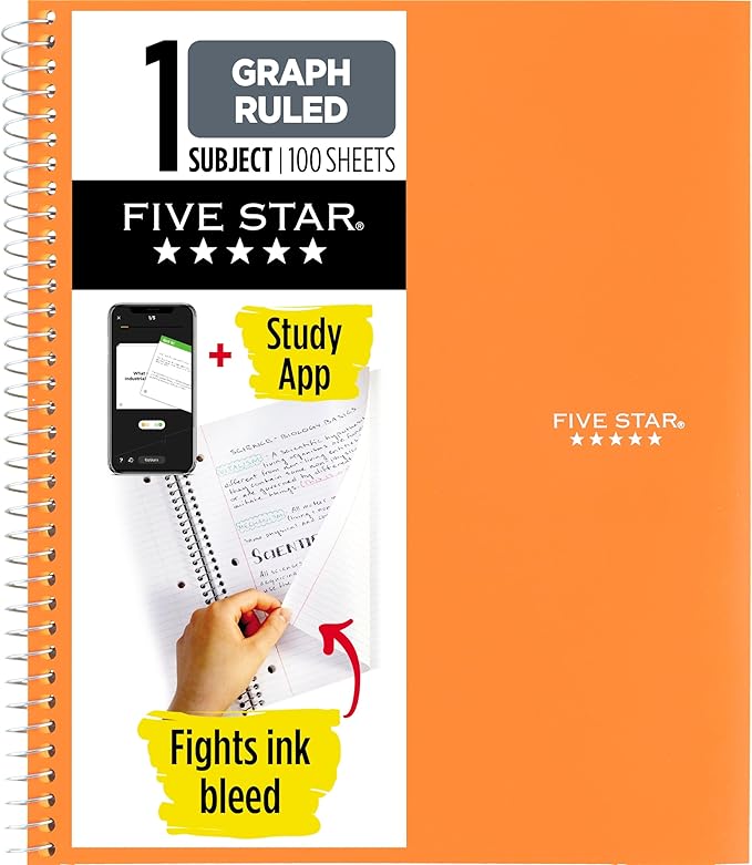 Five Star Spiral Notebook + Study App, 1 Subject, Graph Ruled Paper, 8-1/2" x 11", 100 Sheets, Fights Ink Bleed, Water Resistant Cover, Sedona Orange (620000CD1)