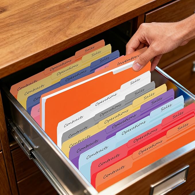 250-Pack Color File Folders, 1/3 Cut Tab, Assorted 10 Colors Letter Size Manilla Folder for School/Office/Classroom