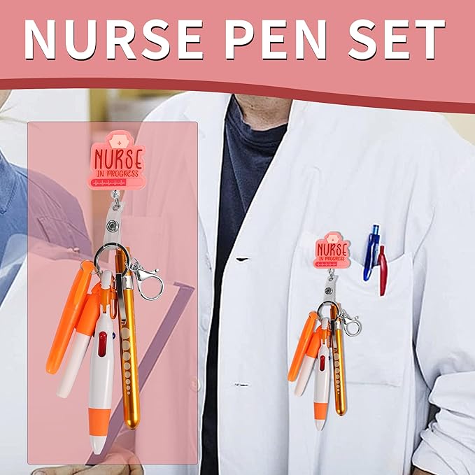 Student Nurse Pen Set Badge Reel Holder Accessories Clip, Retractable Mini Nursing Pen & Light Tool Set， Highlighter pens and Highlighter pens（Orange）