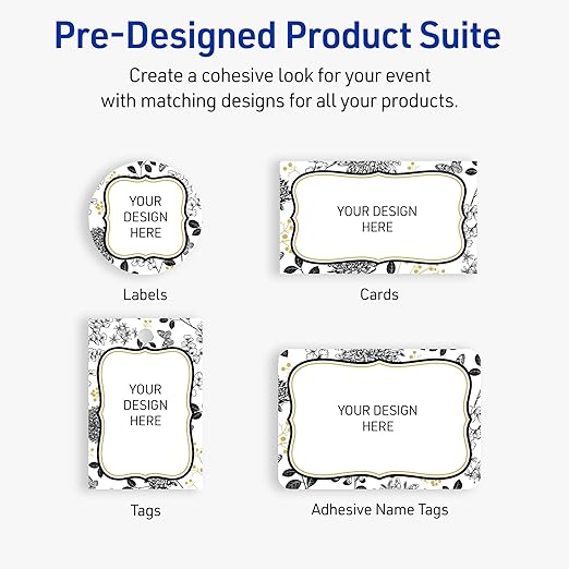 Avery Printable Adhesive Name Badges, 2-1/3" x 3-3/8", Pre-Printed Flourished Gold & Black Florals Design, Matte White, Laser & Inkjet Compatible, 80 Total