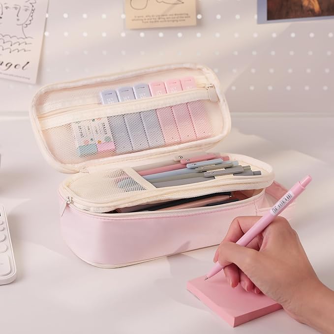 SKYDUE Cute School Supplies 38 PCS, Pencil Case with 12 Pastel Highlighters, 5 Black Gel Pens, Mechanical Pencils, College Essentials Students Stationary Set Pink