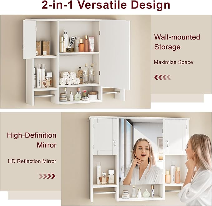 VECELO Large Bathroom Wall Cabinet with Mirror, Wall Mounted Medicine Cabinet with Open Shelves, 2 Towel Bars for Bathroom Laundry Room Kitchen, 35.04" L x 7.09" W x 28.94" H