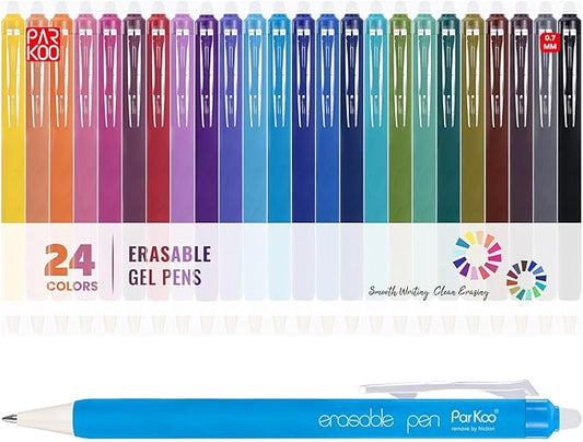 ParKoo Erasable Gel Pens, 24 Colors Retractable Erasable Colored Pens Fine Point 0.7mm, Make Mistakes Disappear, Assorted Color Inks for Drawing Coloring Writing Planner