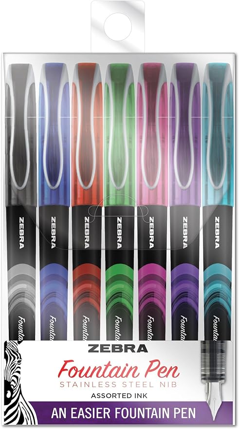 Zebra Pen, Fountain Pen, 0.6mm Fine Point, Stainless Steel Nib, Preloaded Assorted Ink, Smooth Ink Flow, Vibrant Assorted Barrels, No Cartridge Needed, 7-Pack (48307)