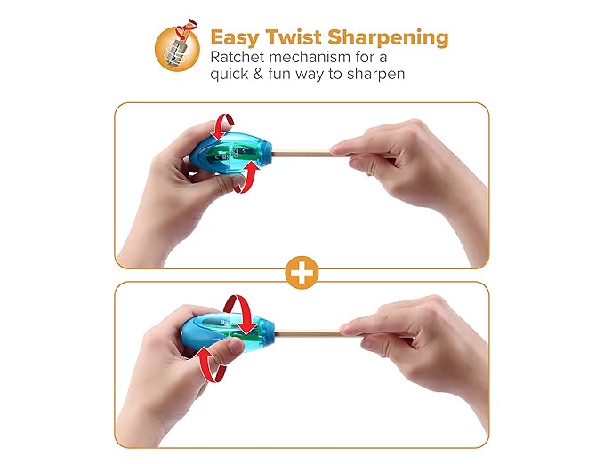 Bostitch Office Pencil Sharpener, Manual, Twist-n-Sharp with Shavings Tray, Kids, Boys, Girls, Colored Pencils, 3-Pack, Blue, Orange, Pink