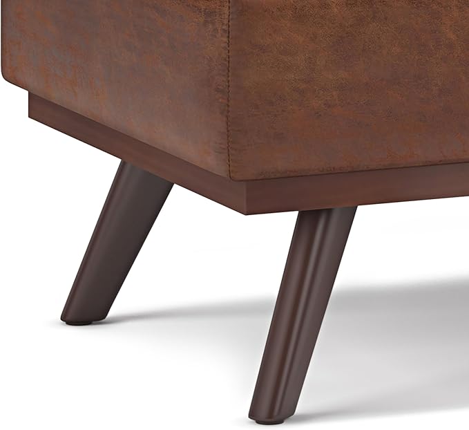 SIMPLIHOME Owen Lift Top Coffee Table Storage Ottoman - 42 inch Wide Upholstered Vegan Leather Rectangular Lift-Top Ottoman in Distressed Saddle Brown, Mid-Century Modern Ottoman for Living Room