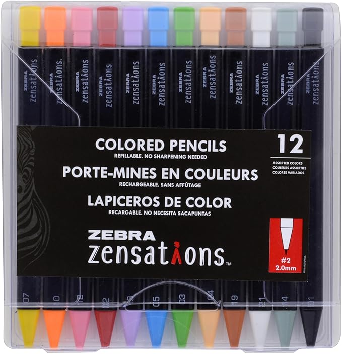 Zebra Pen Zensations Mechanical Colored Pencils, Assorted Colors, 2.0mm Bold #2 Lead, Refillable, Triangular Barrel to Prevent Rolling, 12-Pack (08112)