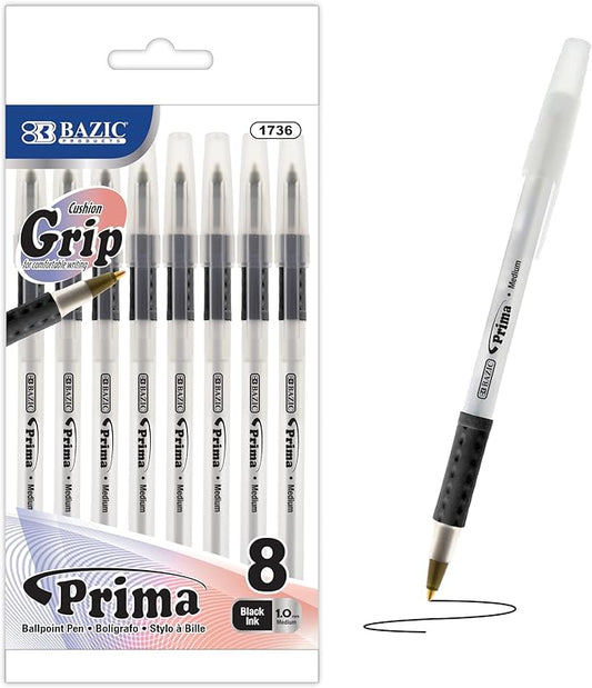BAZIC Prima Black Stick Pen w/Cushion Grip (8/Pack)