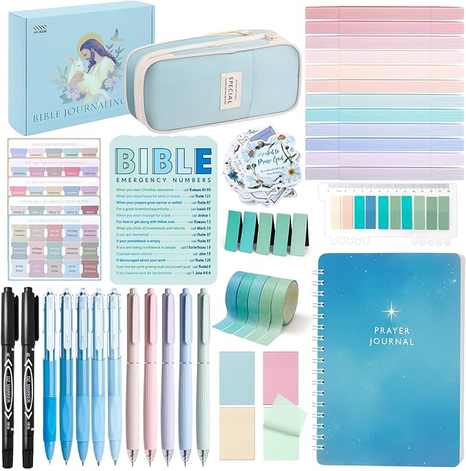 XKDOUS Bible Study Supplies Journaling Kit for Women, Bible Study Kit Journaling Supplies Includes Prayer Journal, Highlighters, Emergency Card, Pencil Case and More, Christian Gifts for Women, Blue