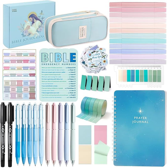 XKDOUS Bible Study Supplies Journaling Kit for Women, Bible Study Kit Journaling Supplies Includes Prayer Journal, Highlighters, Emergency Card, Pencil Case and More, Christian Gifts for Women, Blue