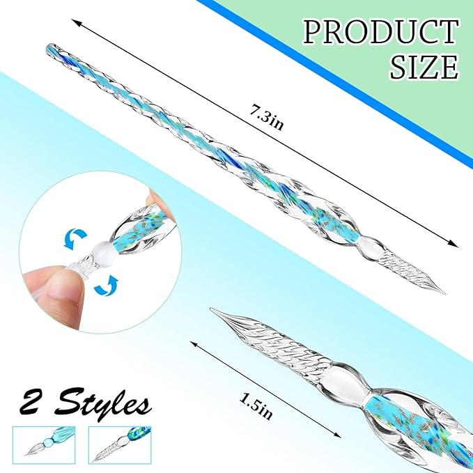 Zonon 6 Pieces Handmade Glass Dip, Crystal Glass Signature Calligraphy Vintage Dip Ink Pen Borosilicate Present Pen for Writing Drawing Decoration(Blue Green Color,Classic Style)