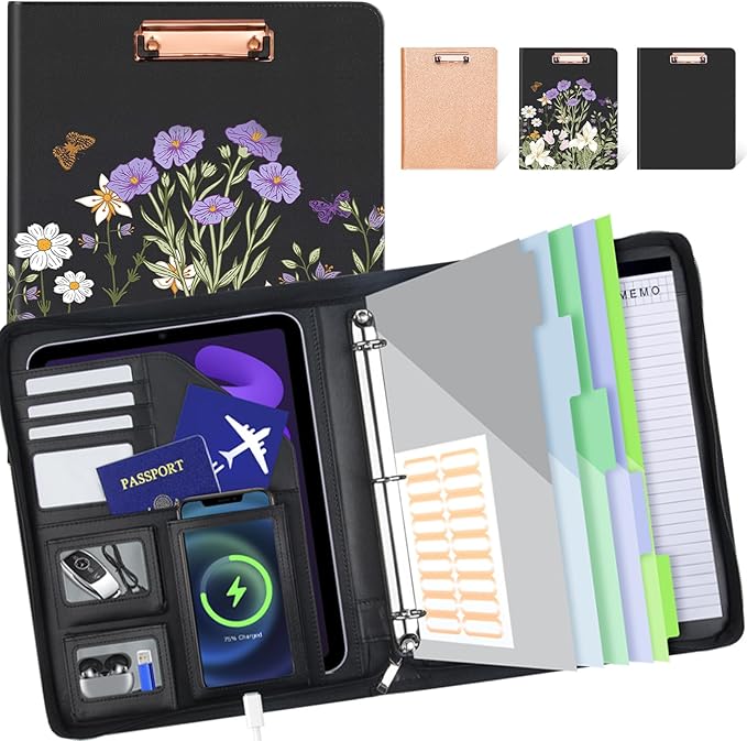 Clipboard with Storage for Men Women, Leather Padfolio Portfolio with Zipper, 1 Inch 3 Ring Binder 5 Dividers, Notepad for Letter Size, Elastic Closure and Pen Loop, Card Slot Black Flower