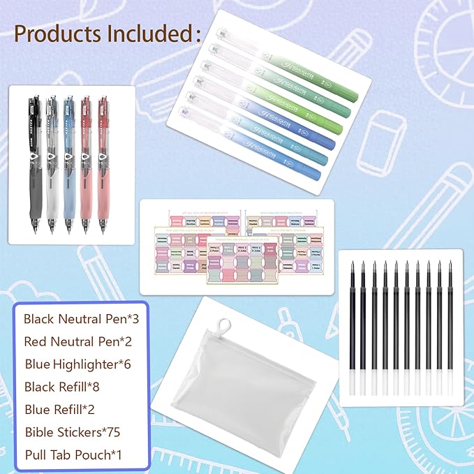 CHANGLi Bible Study Gel Pen Set with Highlighters-3 Black 2 Red Gel Pens, 6 Dual-Tip Pastel Highlighters, 75 Bible Index Tabs&10 Refills-No Bleed, Smooth Writing-Perfect Christian Gift for Journaling