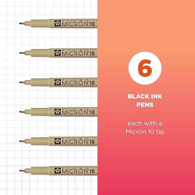 SAKURA Pigma Micron Fineliner Pens, 10 Tip Size, Archival Black Ink, 6 PK 50131