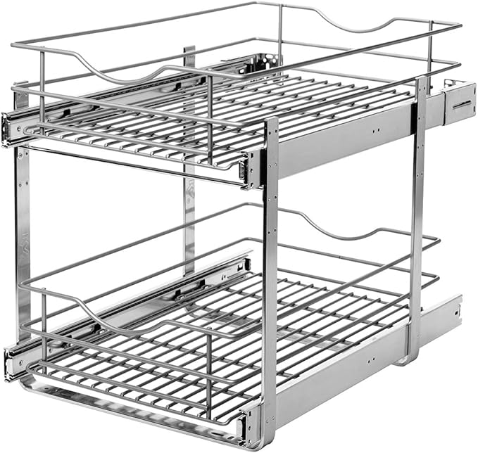 Knape & Vogt RS-DBLMUB-14-FN 14.625 inch W x 21.75 inch D x 16.25 inch H Double Tier Pull Out Cabinet Organizer, Frosted Nickel