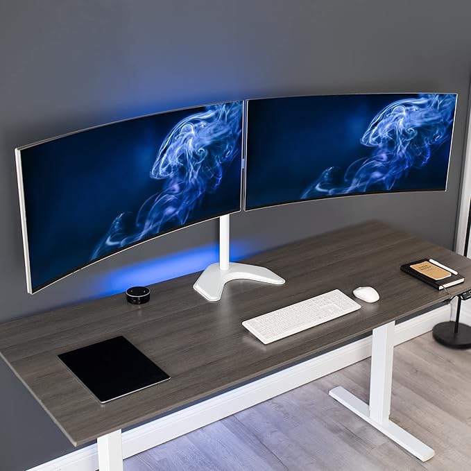 VIVO Premium Dual Ultra Wide LCD LED 27 to 38 inch Monitor Desk Stand, Heavy Duty, Free-Standing Telescoping Arms, Flush Wall Setup, Fits 2 Screens, White, STAND-TS38BW