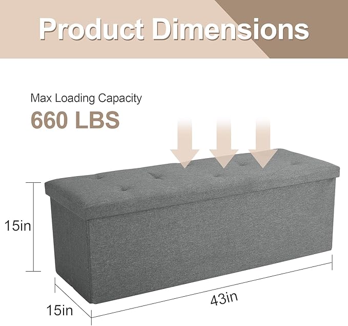 VECELO 43'' Folding Storage Ottoman Bench, Storage Chest, Linen Fabric Foot Rest Stool, 158L Storage Footstools for Bedroom and Living Room, Holds up to 660 lbs, DGRY