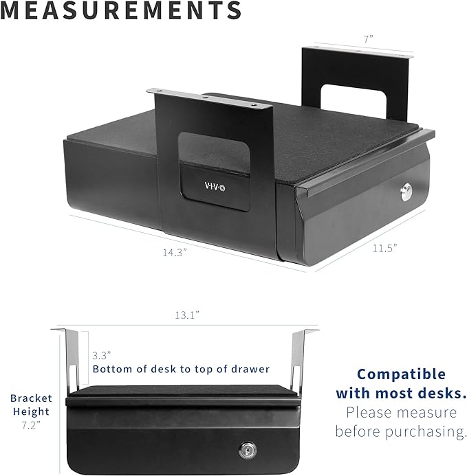 VIVO 13 inch Under Desk Lockable Slide Out Drawer, Secure Home Office Storage Organizer, Black, DESK-AC03L-B
