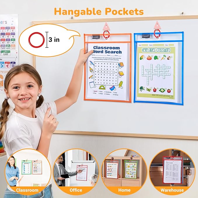 Gamenote 30 Pack Dry Erase Pockets with 5 Rings, 10 Assorted Colors 10x14 Oversized Reusable Plastic Sleeves, Clear Sheet Protectors, Teacher Supplies for Classroom Organization