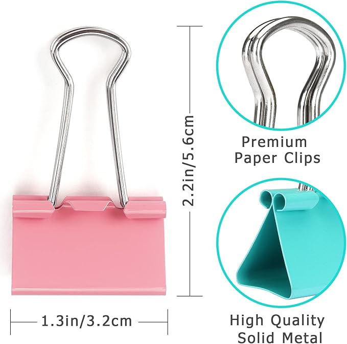 ZZTX Binder Clips Paper Clamps Clips Medium Size, Assorted Color, 1.3 Inches, 24 Pieces