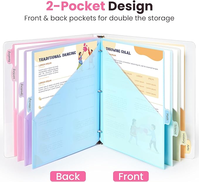 Sooez 8-Tab Binder Dividers with Two Pockets, 8 Tabs Dividers for 3 Ring Binder Organizers, 3-Hole Plastic Sheets Protectors for US Letter Size, School, College, Office Supplies, Pastels, Set of 1