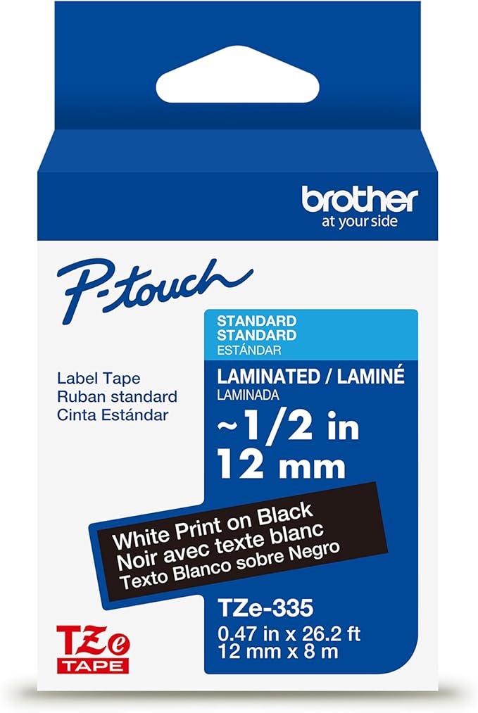 Brother Genuine P-Touch TZe White Print on Black Label Tape (TZe335), Laminated,1/2in x 26.2ft (12mm x 8m), for Select P-Touch Label Makers, Durable, Water-Resistant, Indoor/Outdoor Use