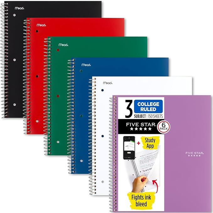 Five Star Spiral Notebooks Plus Study App, 6 Pack, 3 Subject, College Ruled Paper, 11" x 8-1/2", 150 Sheets, Black, Red, Green, Blue, White, Purple (73930)