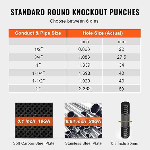 VEVOR 10 Ton Hydraulic Knockout Punch Kit, 1/2" to 2" Conduit Hole Cutter Set, KO Tool Kits W/Puncher 6 Piece, Metal Sheet Driver Tools, for Aluminum, Brass, Stainless Steel, Fiberglass and Plastic
