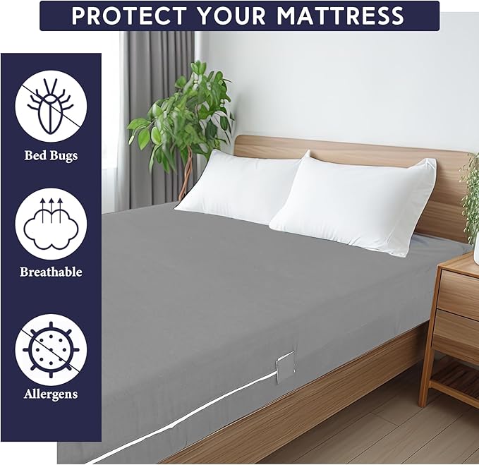Zippered Mattress Fitted Protector Deep Mattress Encasement Soft Zipper Fitted Sheet Microfiber Bed Sheet Cover for Bed(Light Gray,Queen,12-16in)